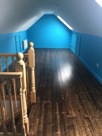 Internal House Painting in Dublin showing attic area painted blue with white ceiling by Abhaile Decorators, Ireland